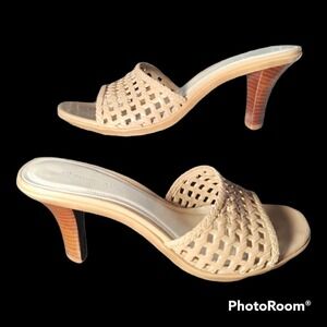 Etienne Aigner size 8 tan color slip-on heeled sandals 2.5" heels
